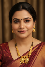 A traditional Indian gold-toned necklace with matching earrings, featuring intricate filigree, textured cylindrical beads, and small red and green stone accents, displayed on a black textured surface with pink and green fabric borders.